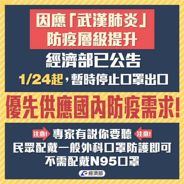 台灣宣佈停止出口外銷口罩 經濟部：優先供應國內防疫需求