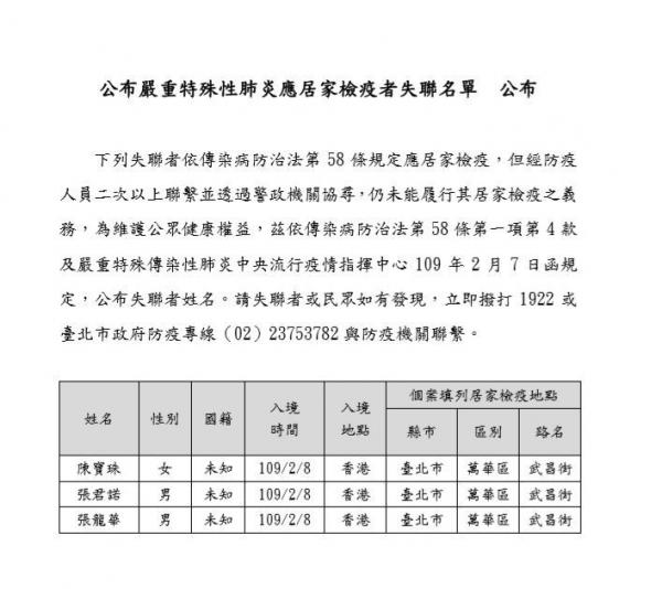 3旅客由香港入境台灣居家檢疫失聯 涉故意填不實資料 政府開名協尋