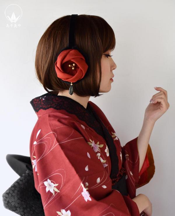 日本和風配飾店あそ美や推全新精美耳罩/頭飾 山茶花耳罩／紅白梅織鶴