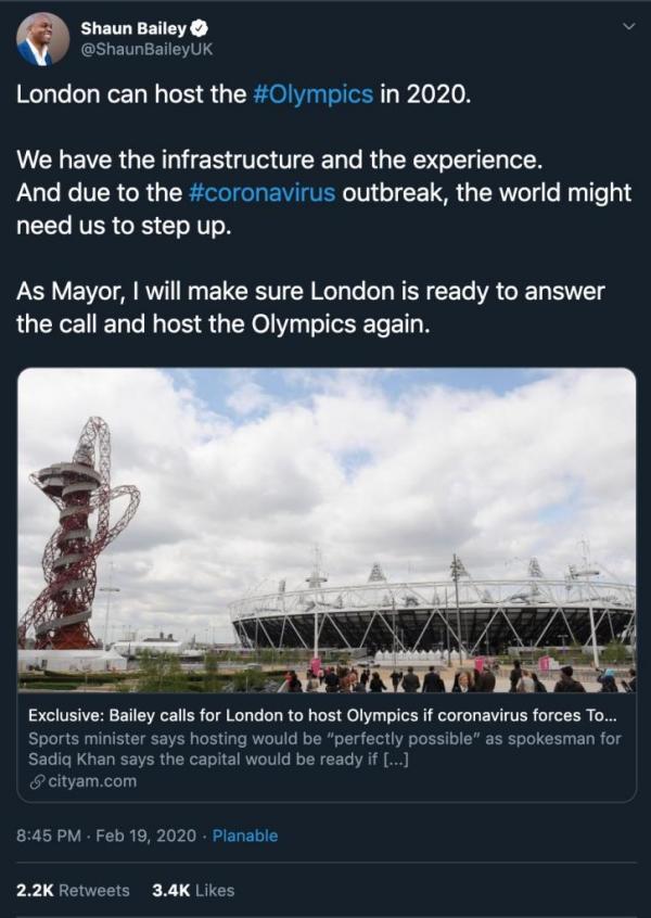 就新冠肺炎（武漢肺炎）有機會影響2020東京奧運一事，倫敦市長候選人貝利（Shaun Bailey）指，倫敦可接手舉辦奧運。但龐德（Dick Pound）指，現時離奧運開幕只餘約150日，準備時間不足