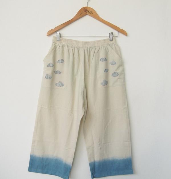 Partly cloudy wide leg pants / indigo dye with hand embroidery HKD 7.5