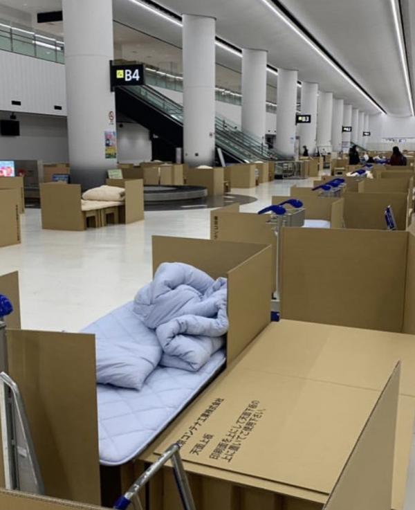 成田機場大廳搭紙皮床隔離 網民怒批：想感染所有人嗎？