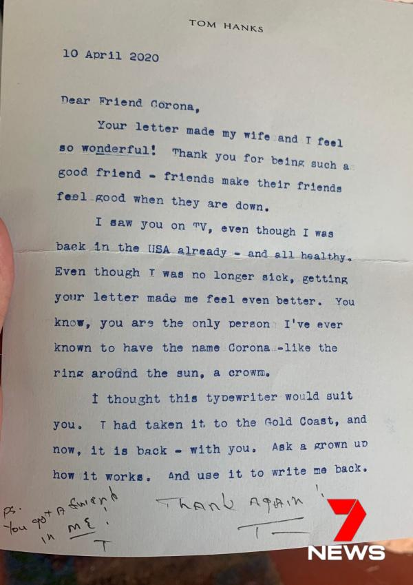 澳洲男童與冠狀病毒撞名遭欺凌 湯漢斯暖心回信贈同名古董打字機