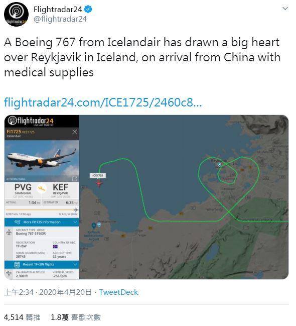 冰島航空運送醫療物資 機長空中畫心為醫護打氣！