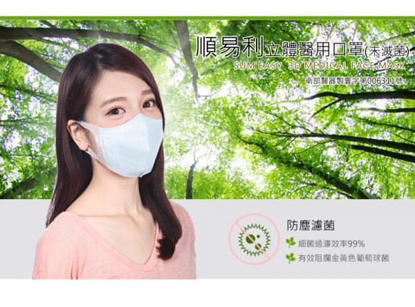 順易利立體醫用口罩設計增加口鼻空間，不會難以呼吸，口罩等級亦達到專業級醫療級口罩，能有效預防感染。