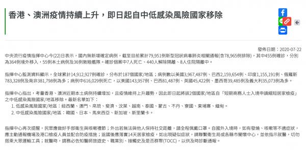 香港連續2日逾100宗確診 台灣將香港從中低感染風險地區除名
