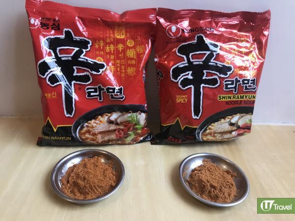 韓國製（左）的調味粉明顯較鮮紅，中國製（右）的調味粉則顏色較淡。