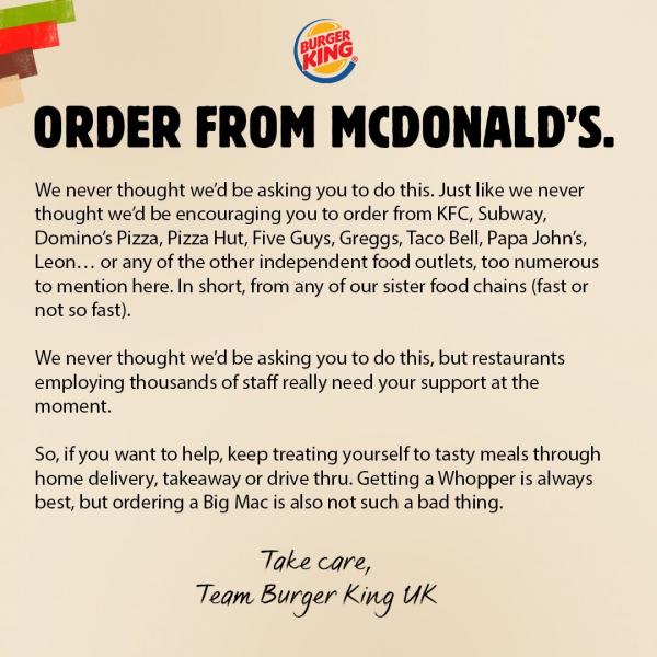 英國Burger King籲食客買麥當勞 疫情下送暖：數以千計僱員需要大家支持