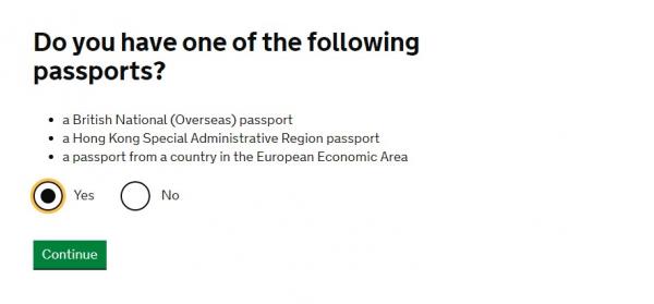 「Do you have one of the following passports?」查詢是否持有BNO、香港特區護照、歐洲護照，選擇「Yes」