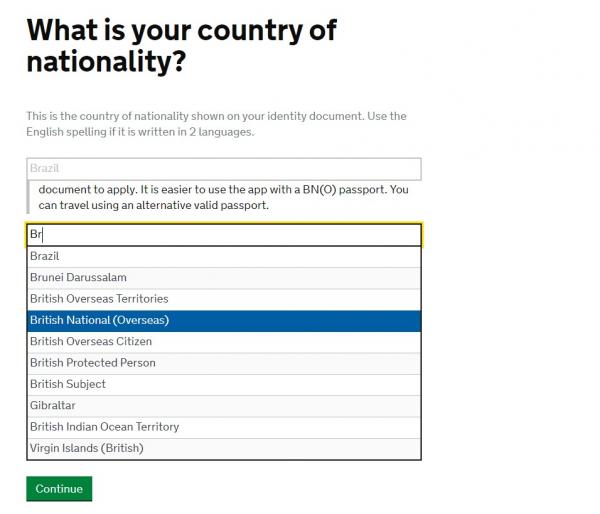 選擇國籍，填上「British National (Overseas)」