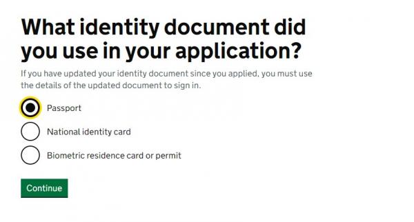 選擇申請時用的身份證明，按「Passport」