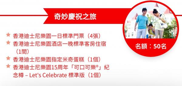  二獎 (50名) - 奇妙慶祝之旅包括︰ 香港迪士尼樂園一日標準門票(4張) 香港迪士尼樂園酒店一晚標準客房住宿 (1間) 香港迪士尼樂園指定米奇蛋糕(1個) 香港迪士尼樂園15周年「可口可樂®」紀