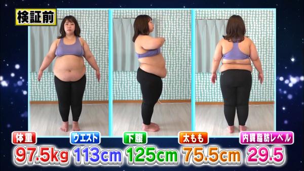 開始前:體重97.5kg、腰圍113cm、下腹125cm、大腿75.5cm、內臟脂肪指數29.5 開始前:體重97.5kg、腰圍113cm、下腹125cm、大腿75.5cm、內臟脂肪指數29.5