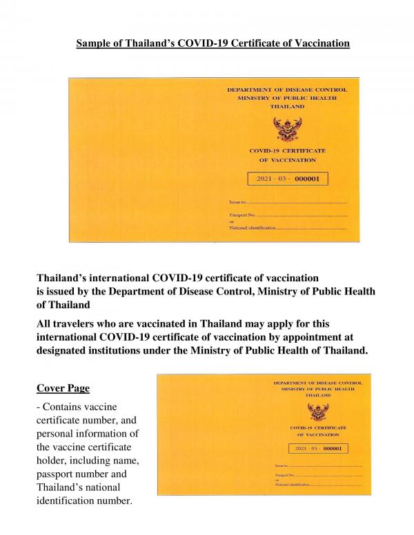 由泰國公共衛生部發出的新冠疫苗國際證書