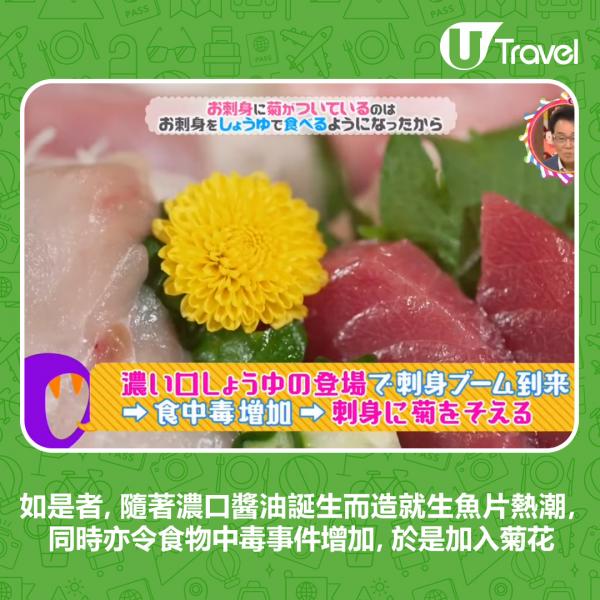 永山相信，當時的日本人憑經驗得知刺身與菊一起吃可有效預防食物中毒