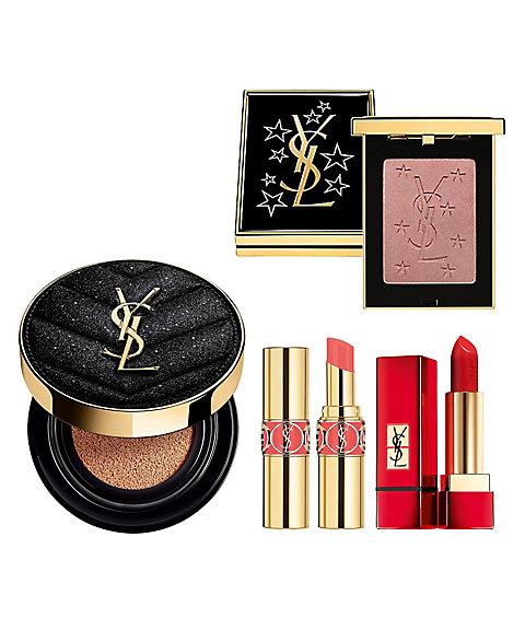 YSL meeco限定 ¥11,000：昇級版輕透無重羽毛氣墊粉底 B30、FACE PALETTE ROCK'N SHINE（伊勢丹限定）、ROUGE PUR COUTURE COLLECTOR #