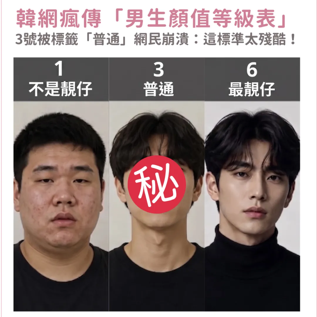 韓網瘋傳「男生顏值等級表」3號位慘被標籤「普通大眾臉」？網民集體崩潰：這標準太殘酷！