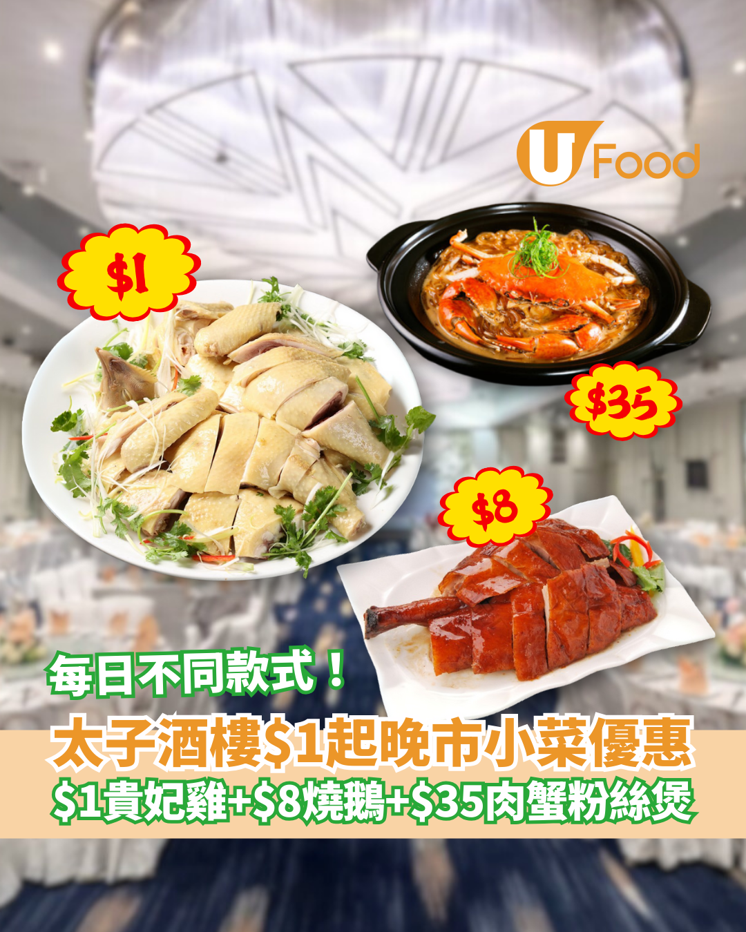 太子潮悅酒樓$1起晚市小菜優惠 $1貴妃雞＋$8燒鵝皇＋$35肉蟹粉絲煲