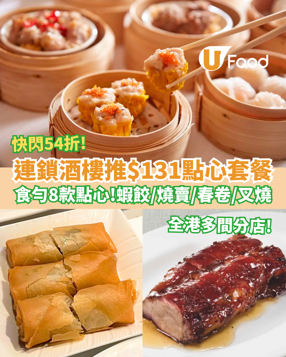 飲茶優惠｜連鎖酒樓快閃54折點心套餐！$131食足8道點心：蝦餃＋燒賣＋春卷 (附分店一覽)