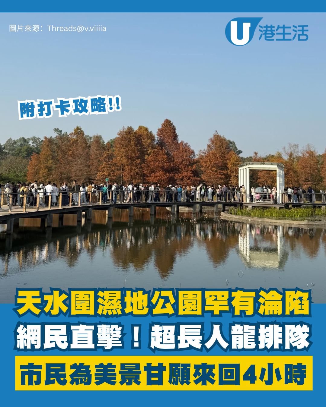 天水圍濕地公園淪陷！來回4小時只為睇落羽松：網民直擊超長人龍排隊進場　未夠4點已截龍