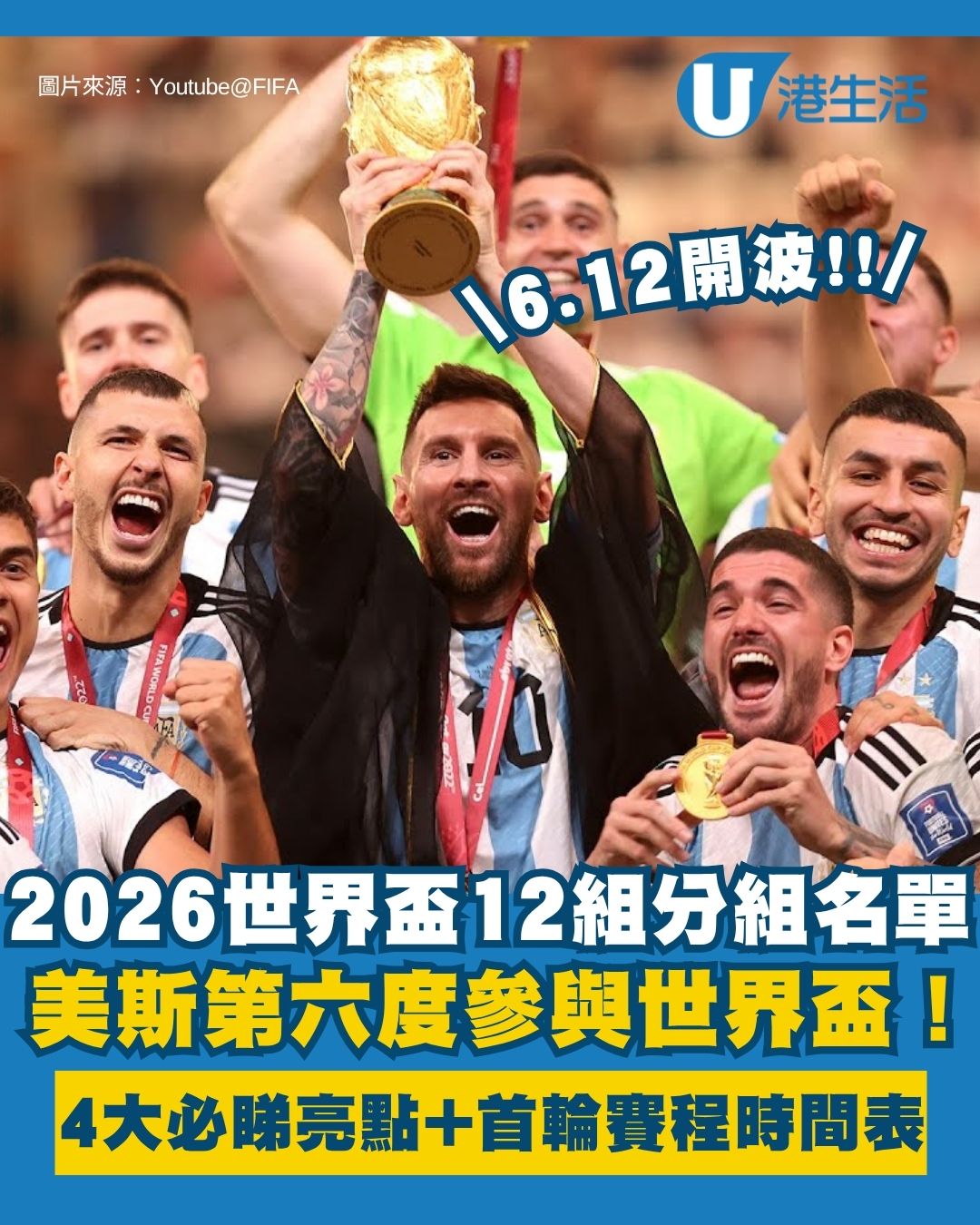 【2026世界盃】12組分組名單曝光！美斯領軍衝擊衛冕、C朗傳奇謝幕 即睇分組賽首輪賽程時間表