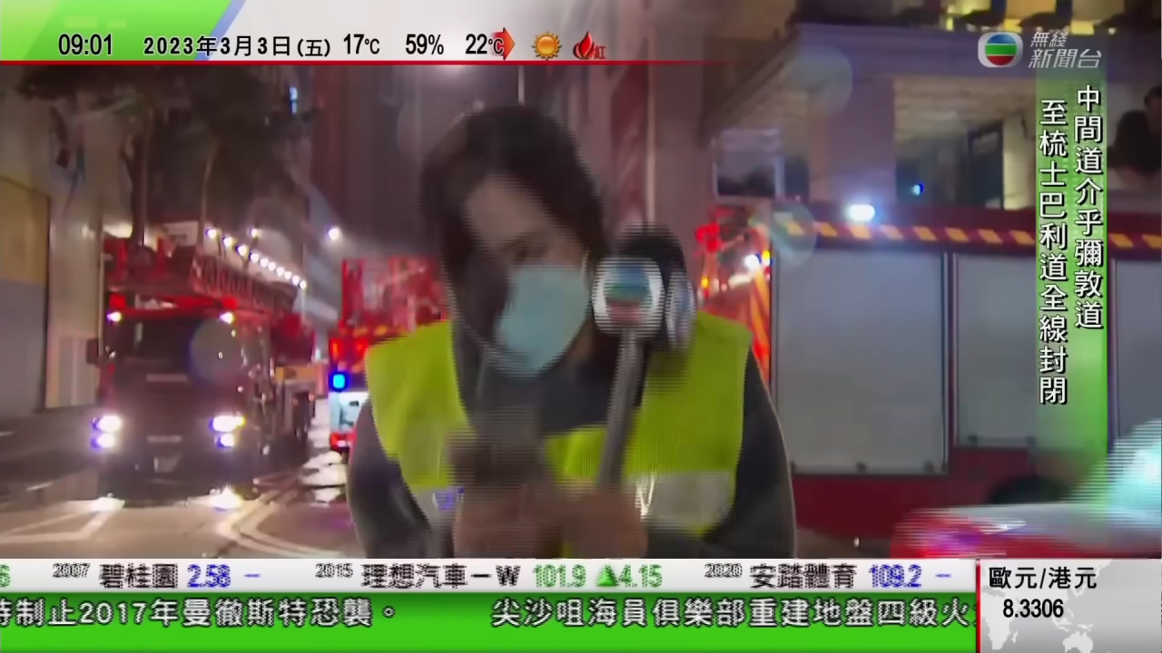尖沙咀火警丨TVB新聞女記者翟睿敏採訪時險被砸頭 直播意外嚇至花容失色急戴頭盔