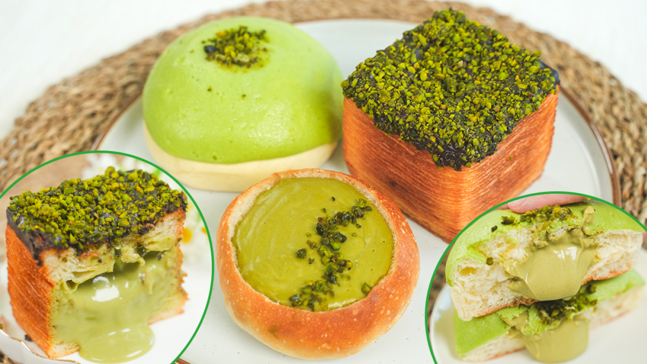 北角手作麵包店初麥新出開心果系列　開心果布丁包／流心開心果千層吐司／爆餡開心果冰心包