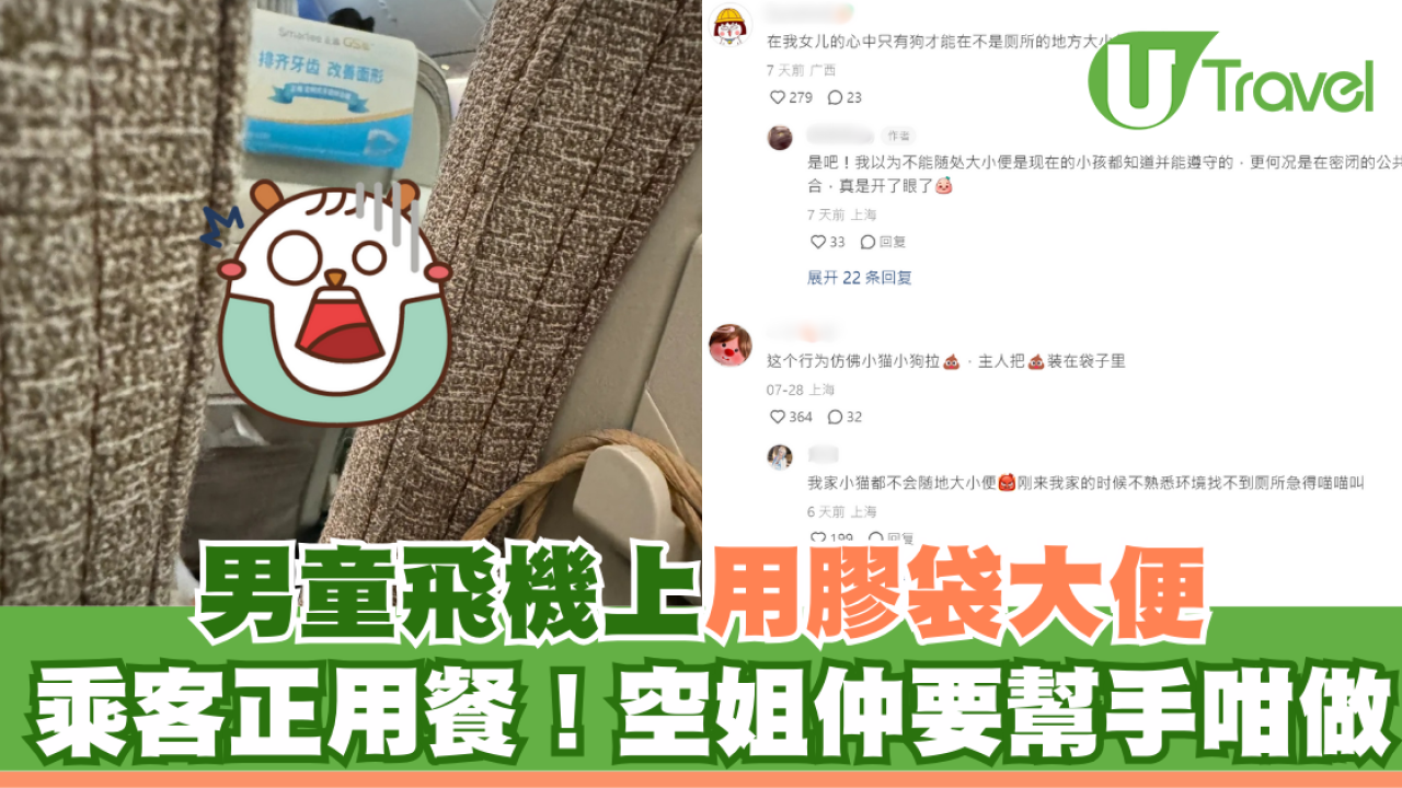 男童飛機上用膠袋大便！乘客正用餐！空姐仲要幫手咁做...