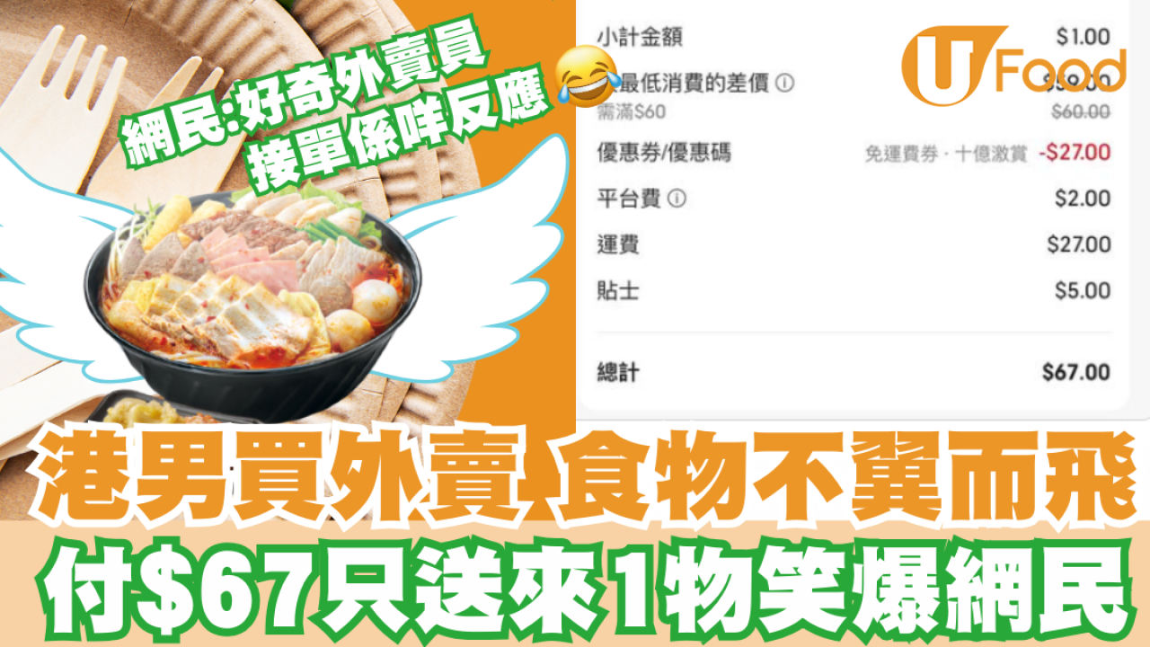 港男買外賣 食物不翼而飛付$67只送來1物笑爆網民