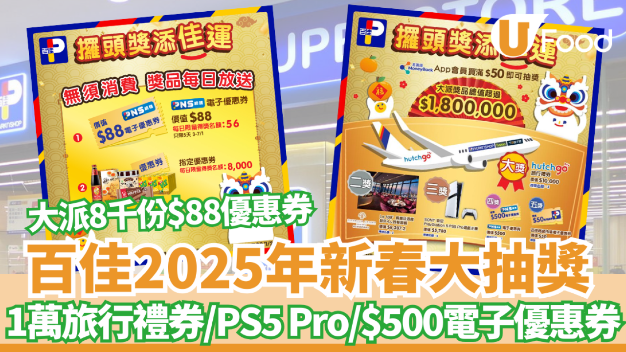 百佳優惠｜新春大抽獎 買低至$50產品即贏1萬旅行禮券/PS5 Pro/$500電子優惠券　附獲額外抽獎機會方法
