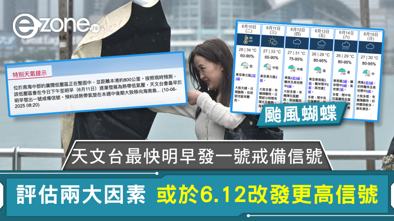 颱風蝴蝶|天文台最快明早發一號戒備信號 評估兩大因素 或於6.12改發更高信號