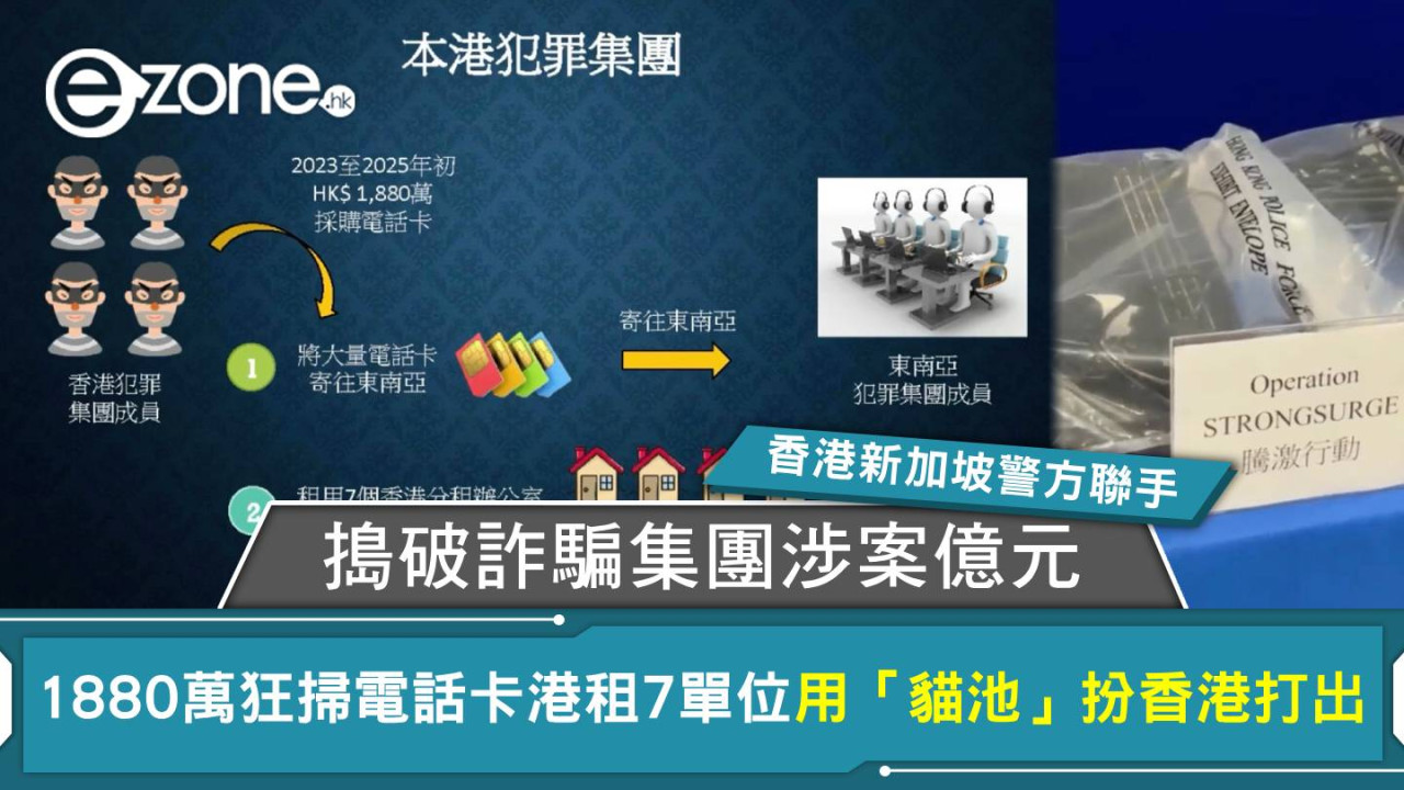 香港新加坡警方聯手搗破詐騙集團涉案億元 1880萬狂掃電話卡港租7單位用「貓池」扮香港打出