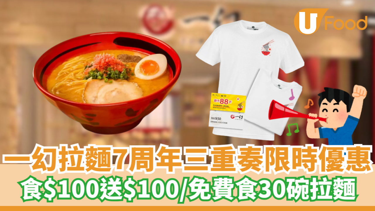 一幻拉麵食$100送$100/免費30日拉麵 即睇7周年三重奏優惠！