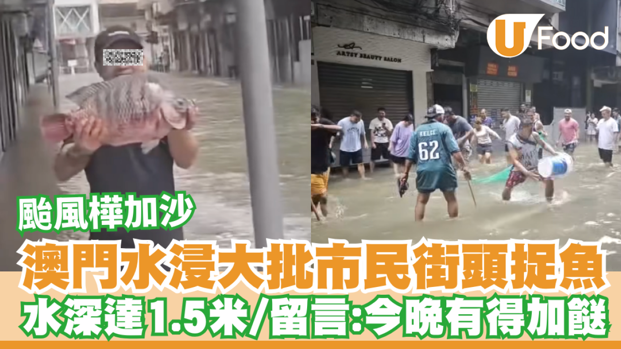 颱風樺加沙｜澳門水浸大批市民街頭捉魚  留言：今晚有得加餸