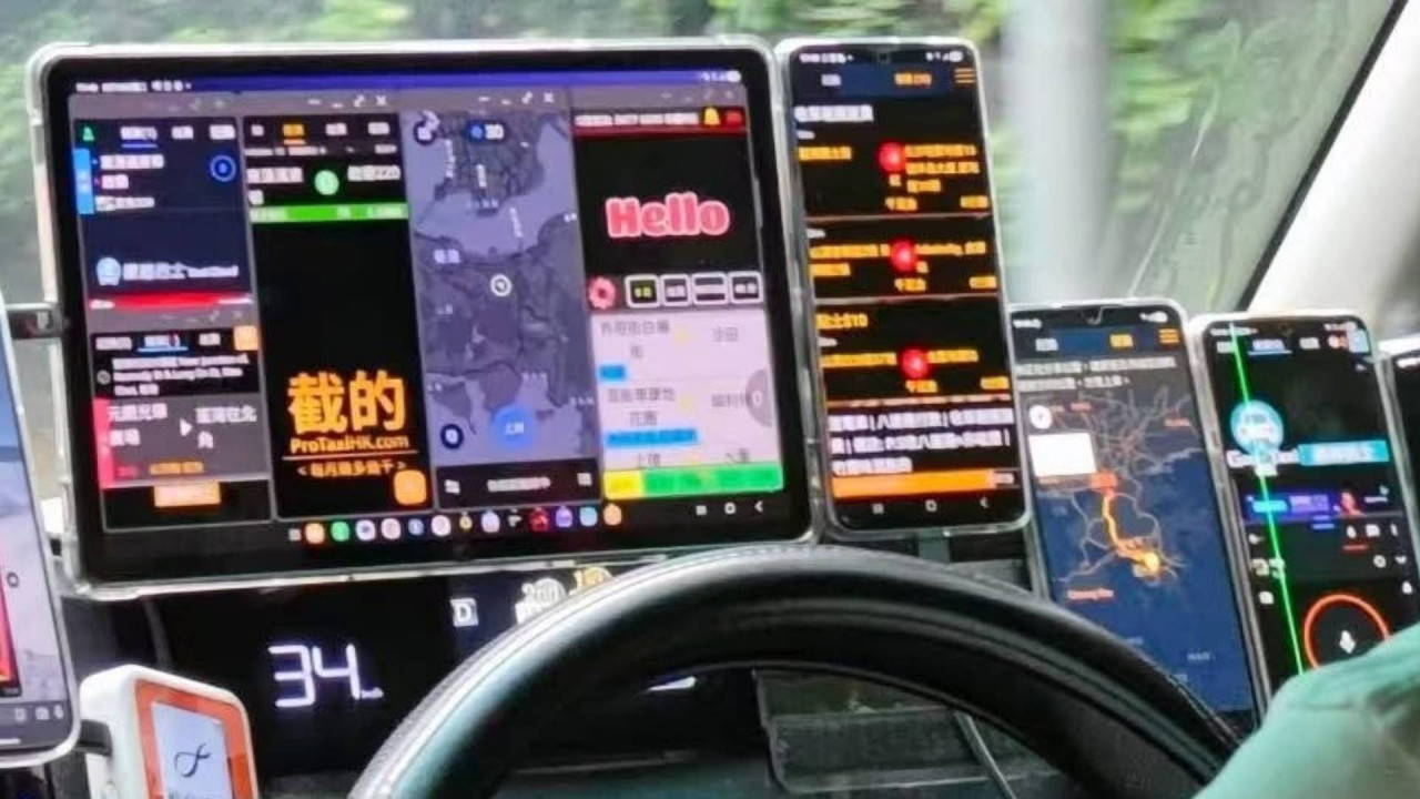 的士司機車頭 5 手機＋1 平板全部長開等接單 網民笑指「秒秒鐘幾十萬上落」？