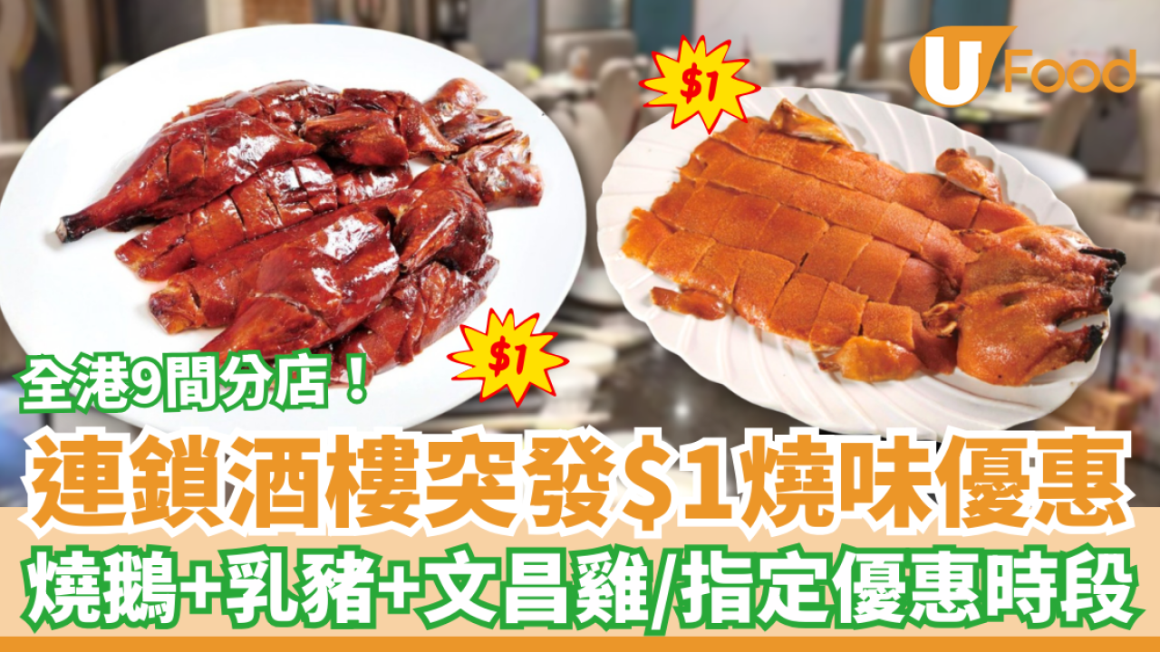 連鎖酒樓突發$1燒味優惠！狂劈$1歎燒鵝＋乳豬＋文昌雞／即睇指定優惠時段 (全港9間分店)