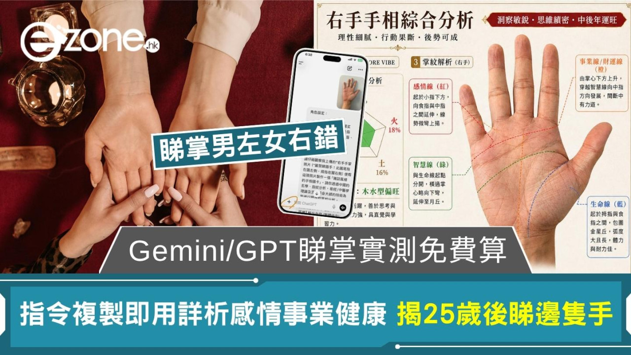 【GPT睇掌 vs Gemini睇掌】AI睇掌實測 揭25歲後必睇邊隻手 免費睇相掌指令複製即用