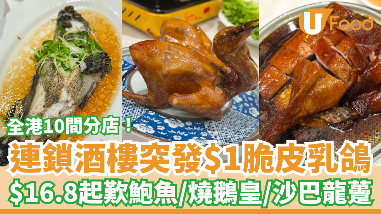 連鎖酒樓突發$1蚊脆皮乳鴿！$16.8起歎鮑魚/燒鵝/沙巴龍躉 (附全港10間分店)