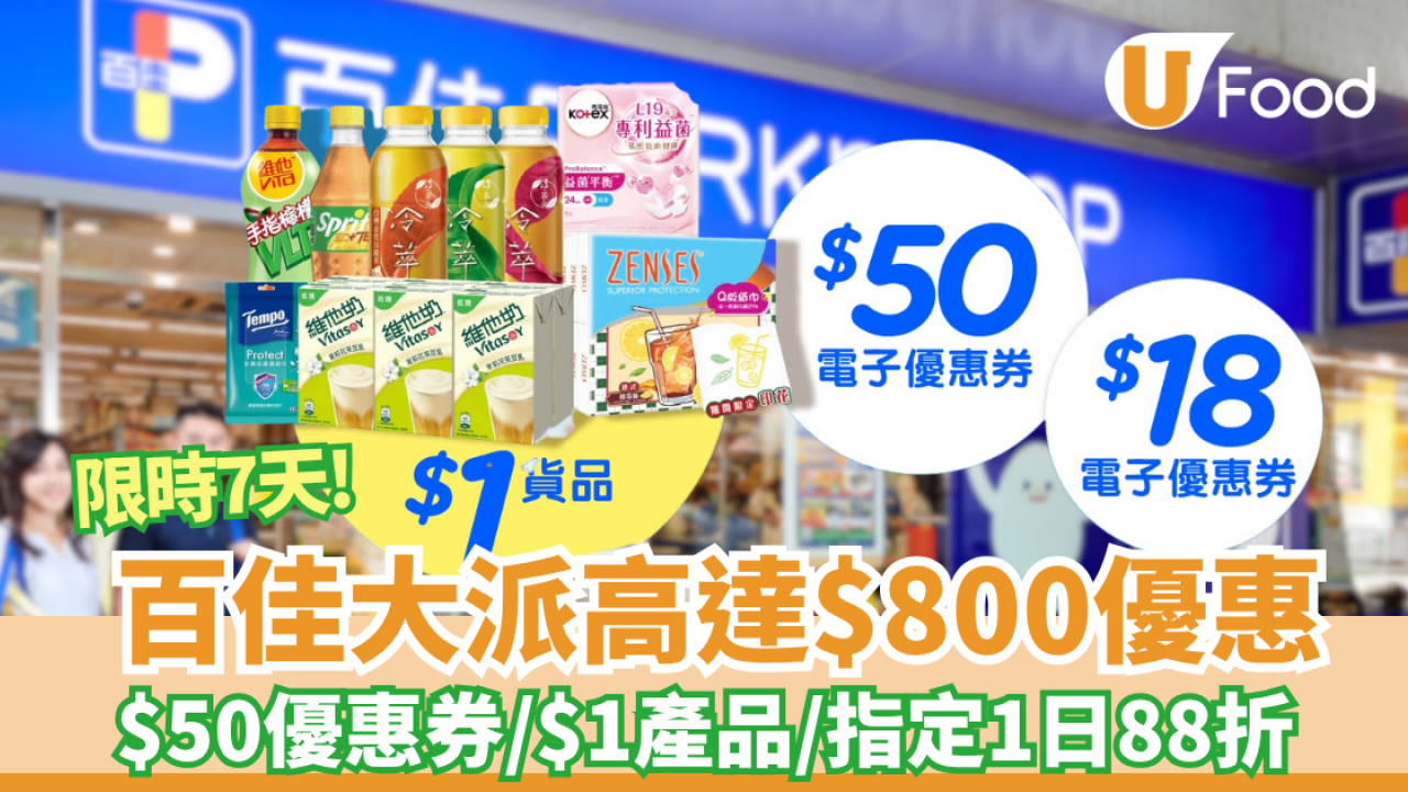 百佳618優惠限時7天大激賞！派$800折扣/$50現金券／$1帶走飲品雜貨（附7日減價優惠碼）