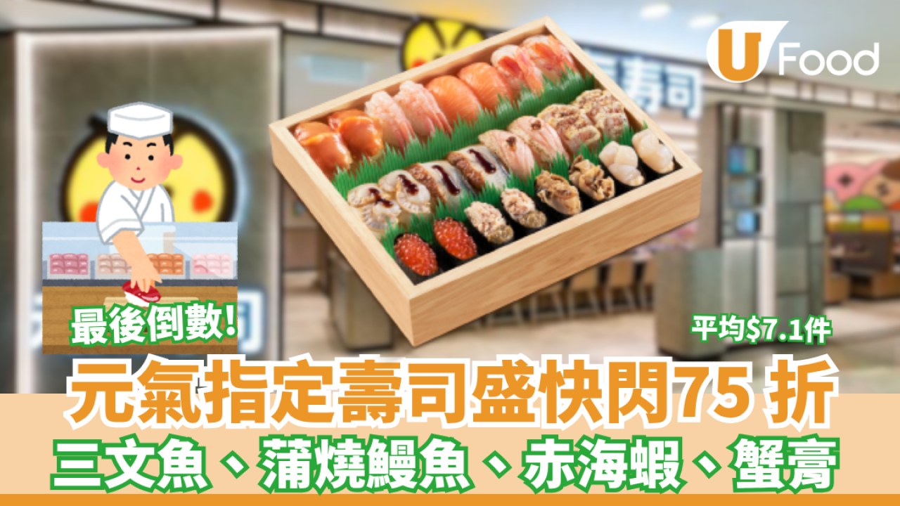 元氣壽司優惠快閃75 折! 限時5天 特上嚴選壽司盛24件  平均 $7.1件人氣甜蝦／赤海蝦／三文魚／鰻魚／蟹肉蟹膏 