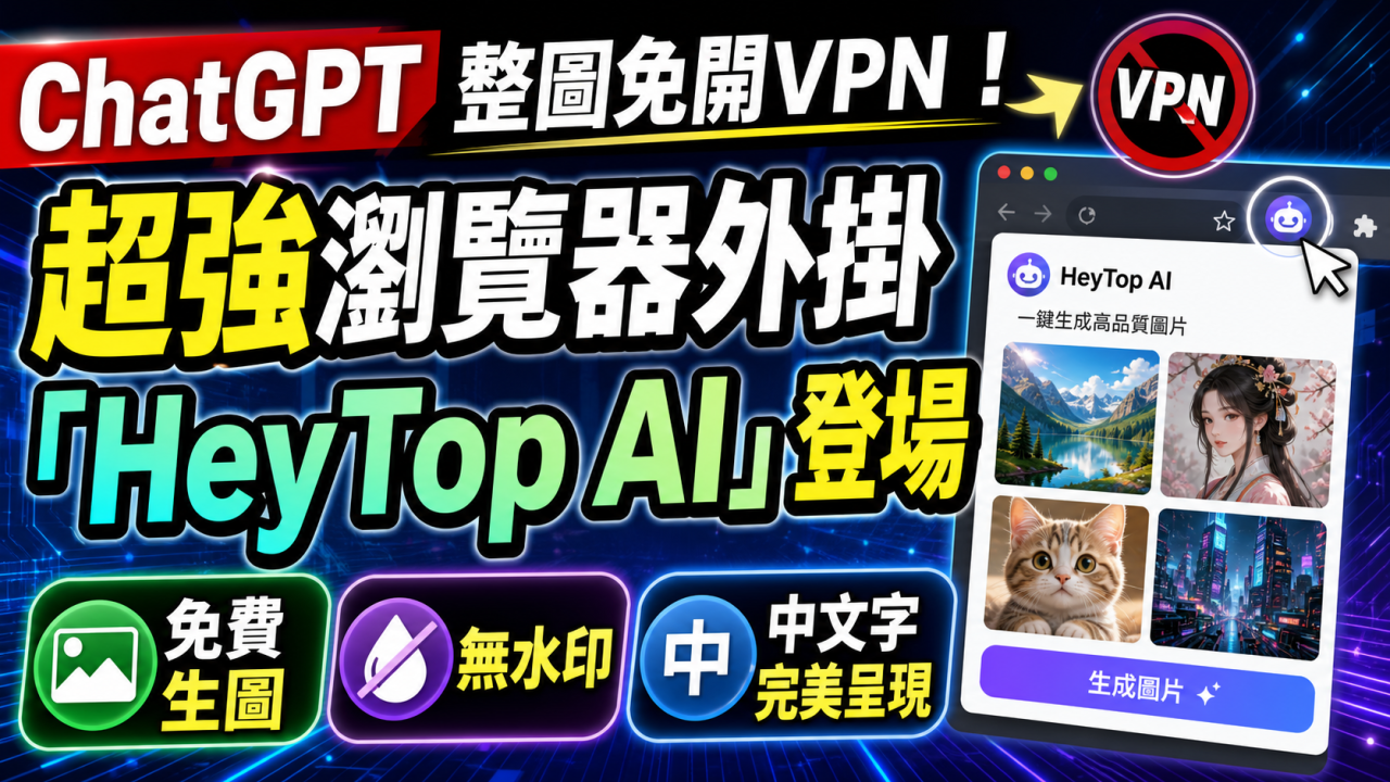 ChatGPT整圖免開VPN!超強瀏覽器外掛「HeyTop AI」登場:免費生圖無水印、中文字完美呈現
