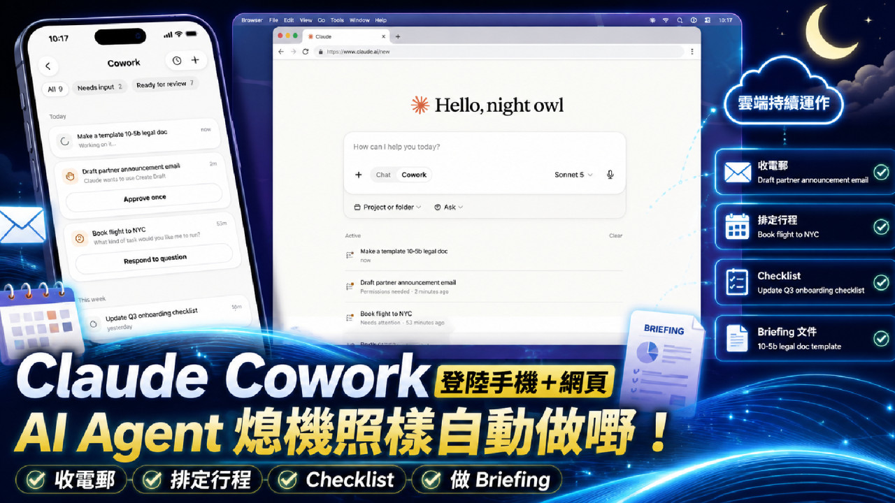 ChatGPT 勁敵再出招！Claude Cowork 登陸手機＋網頁 AI Agent 熄機照樣自動做嘢：收電郵/排定行程/做 Briefing 