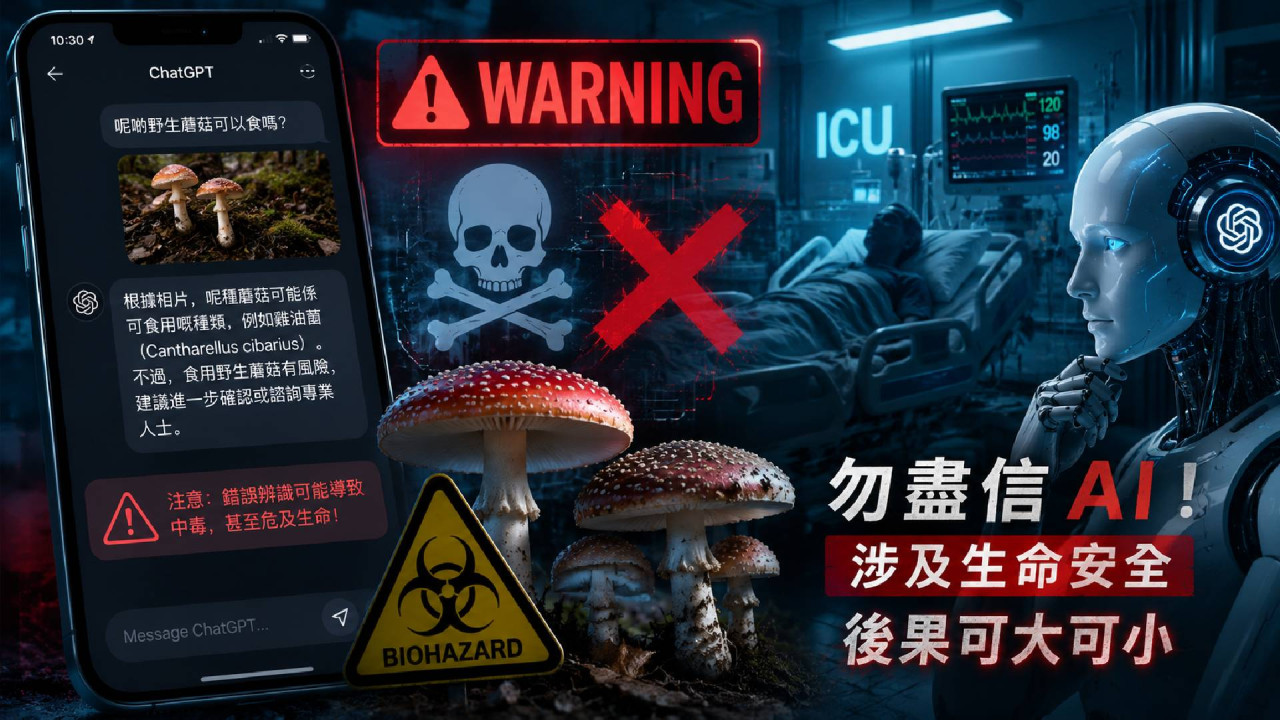 醫療專家警告：涉及生命安全勿盡信 AI！國內揭多宗信錯 AI 食毒蘑菇即入 ICU 個案 