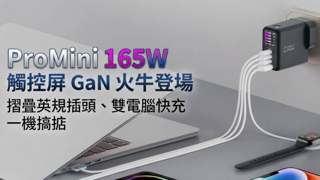 ProMini第3代GaN火牛165W四口同充細機身高輸出 雙電腦/手機/平板快充配摺疊英規插頭