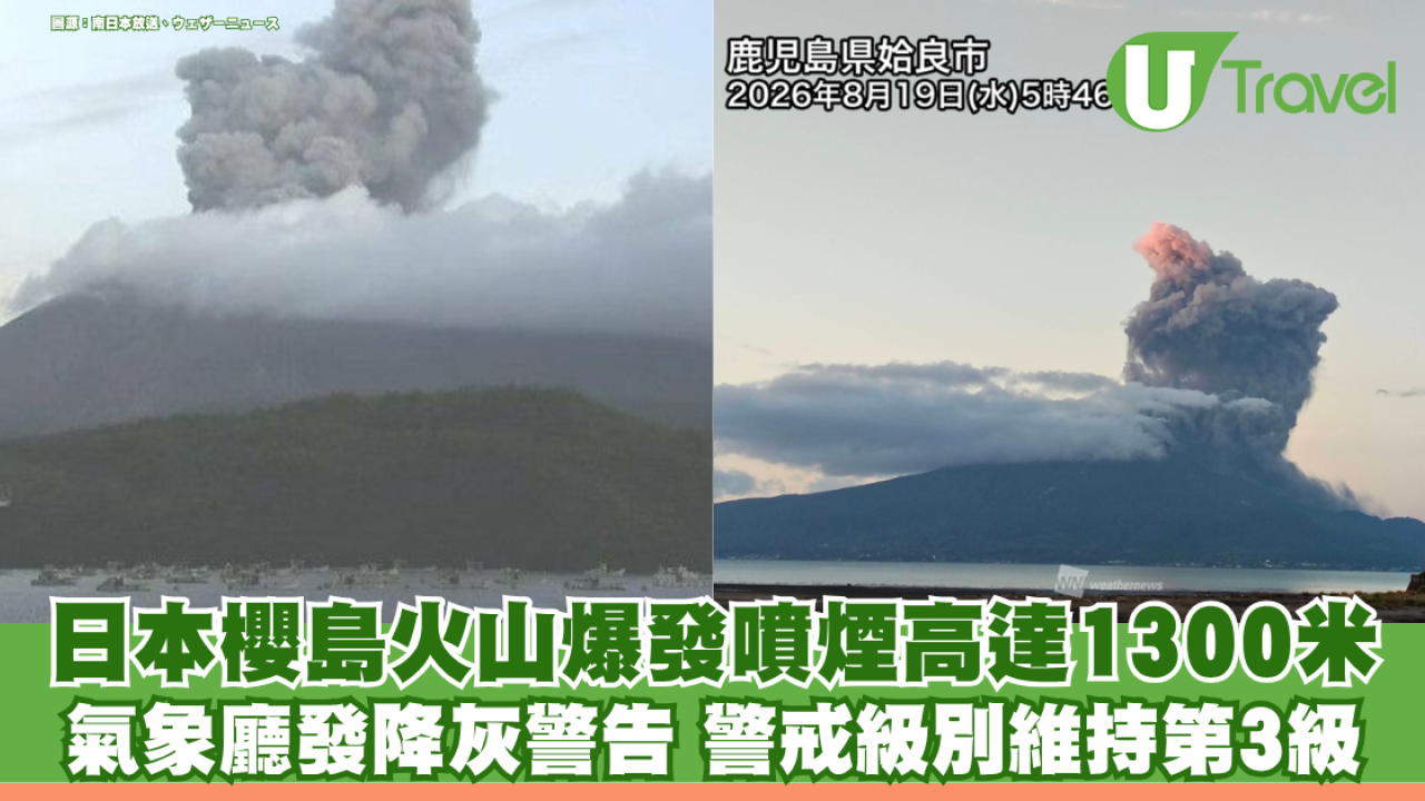 鹿兒島櫻島火山爆發噴煙高達1300米 氣象廳發降灰警告 警戒級別維持第3級