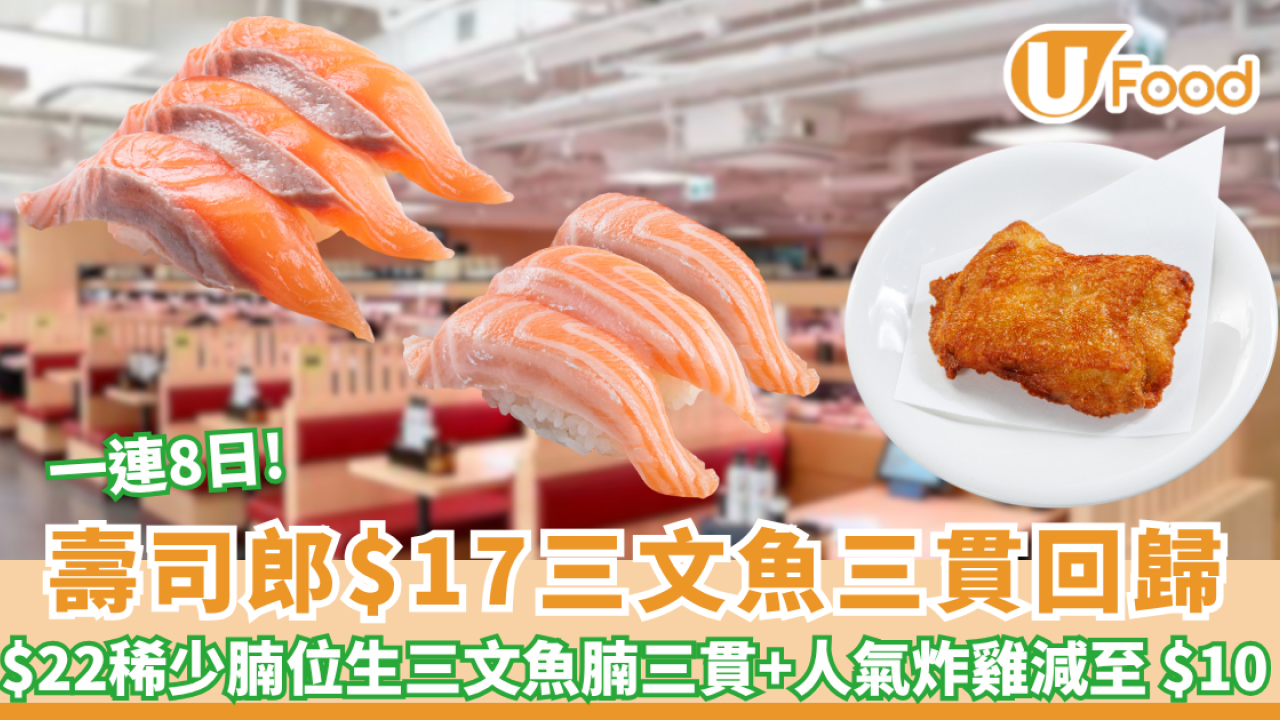 壽司郎$17三文魚三貫回歸+$22稀少腩位生三文魚腩三貫+人氣炸雞減至 $10