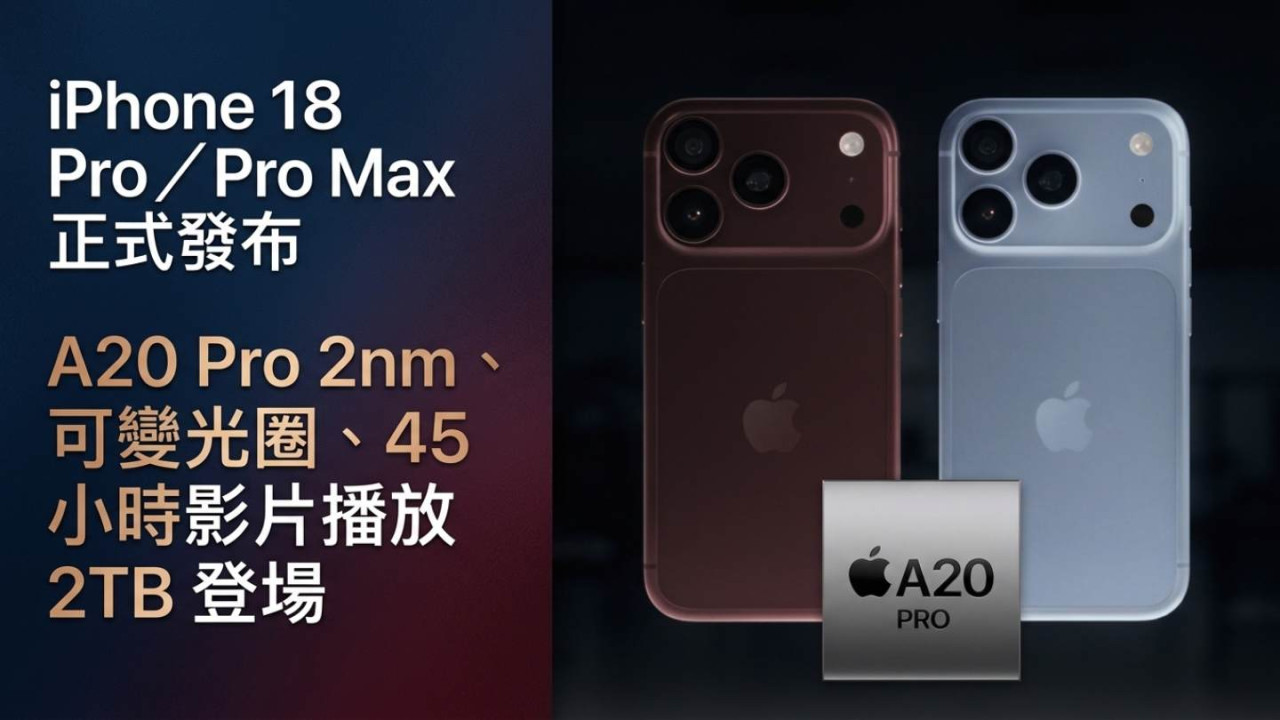 iPhone 18 Pro／Pro Max 正式發布  A20 Pro 2nm、可變光圈、45 小時影片播放