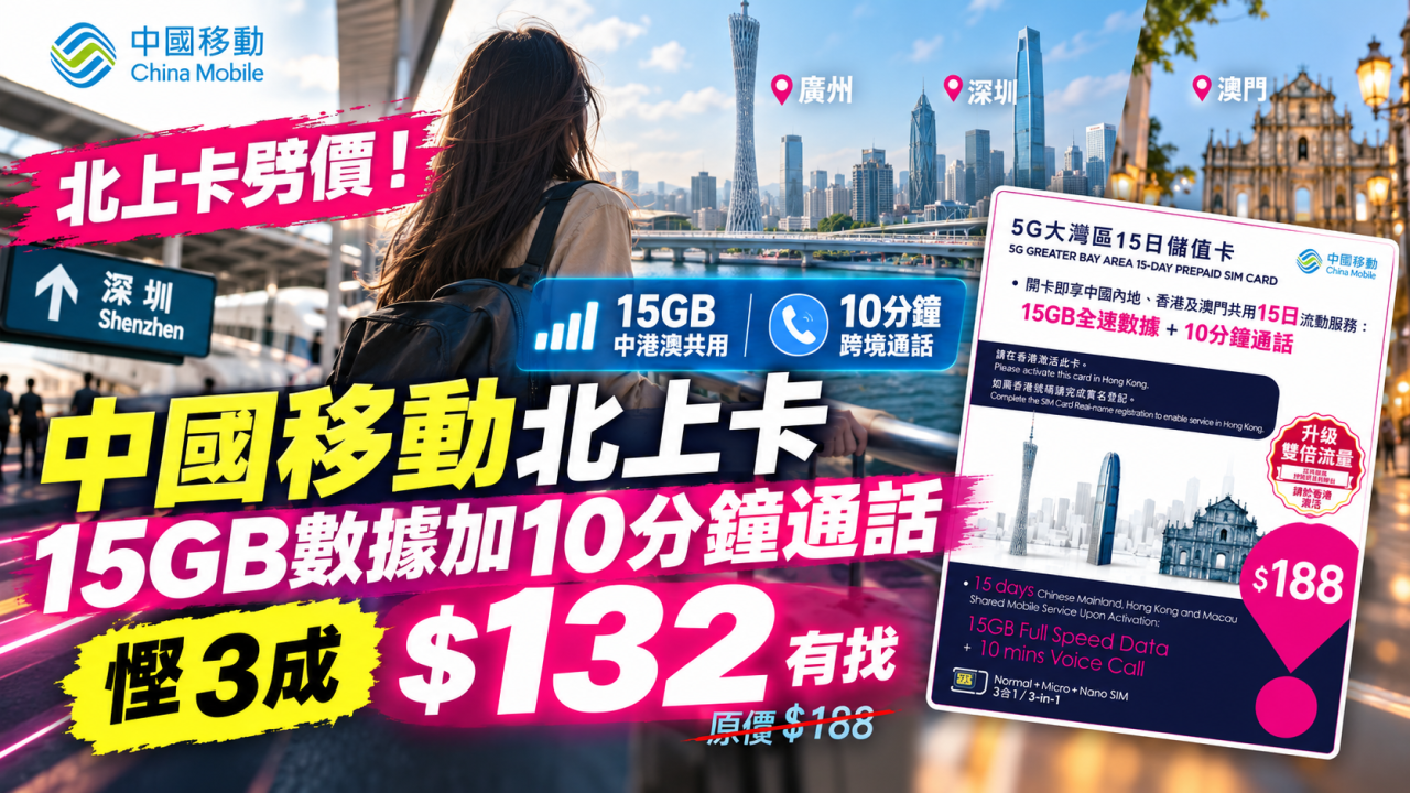 中秋北上必買！中國移動北上卡劈價！15GB數據加10分鐘通話 $132 有交易