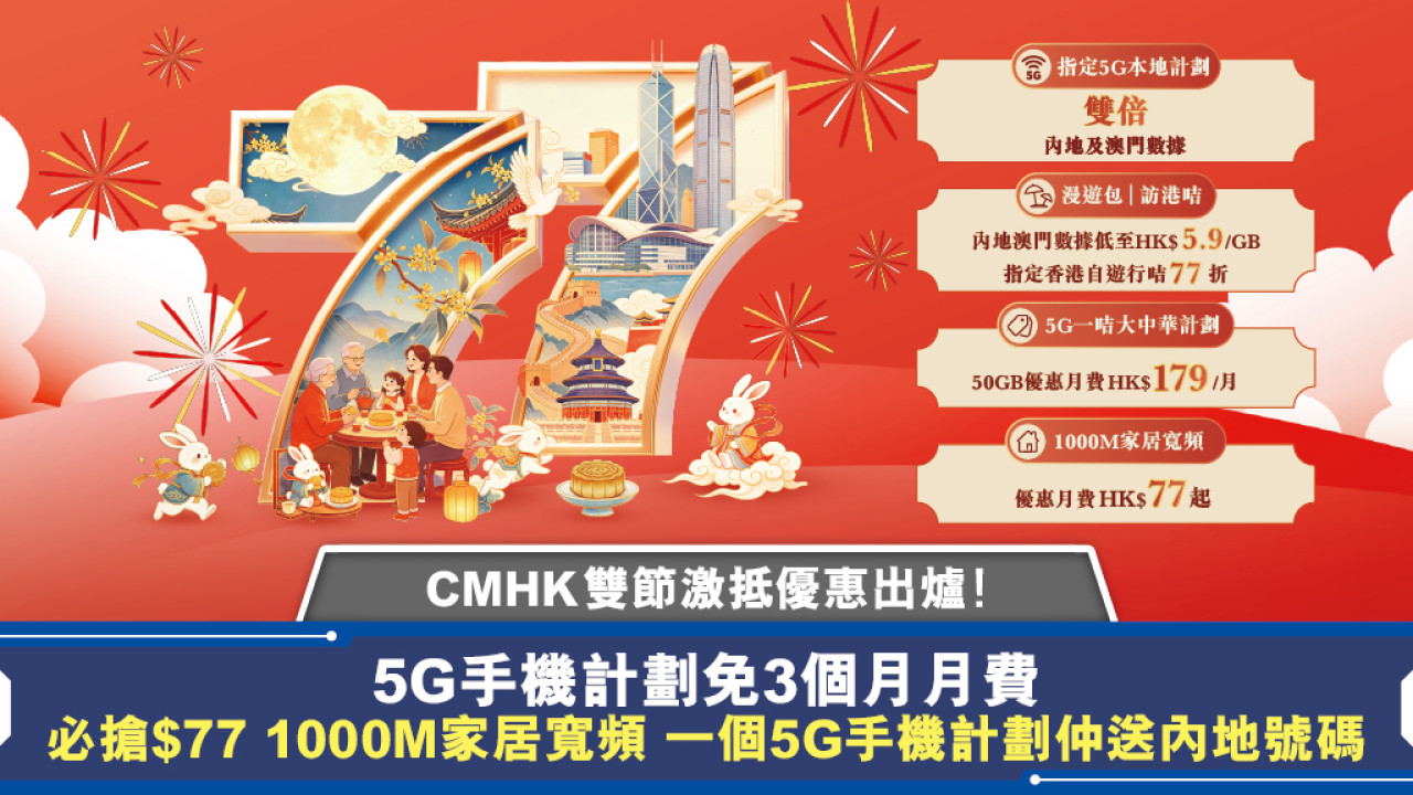 CMHK中秋國慶激抵優惠:$77起即享1000M家居寬頻,一個5G手機計劃仲送內地號碼