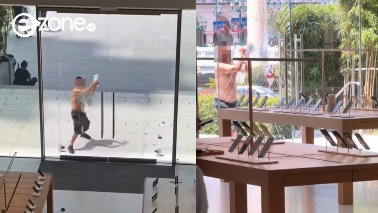 澳門 Apple 店遭赤膊男狂扑 7 錘！不敵天價玻璃門事敗離境【有片】